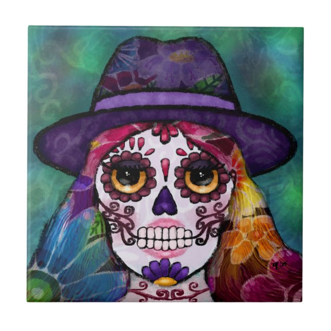 Whimsical Abstract Floral Hippie Sugar Skull Ceramic Tile (Front)