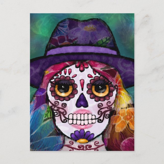 Whimsical Abstract Floral Hippie Sugar Skull Postcard (Front)