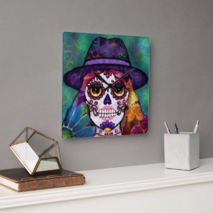 Whimsical Abstract Floral Hippie Sugar Skull Square Wall Clock