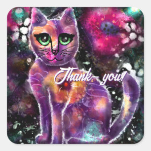 Whimsical Abstract Floral Kitty Cat Black Pink Square Sticker