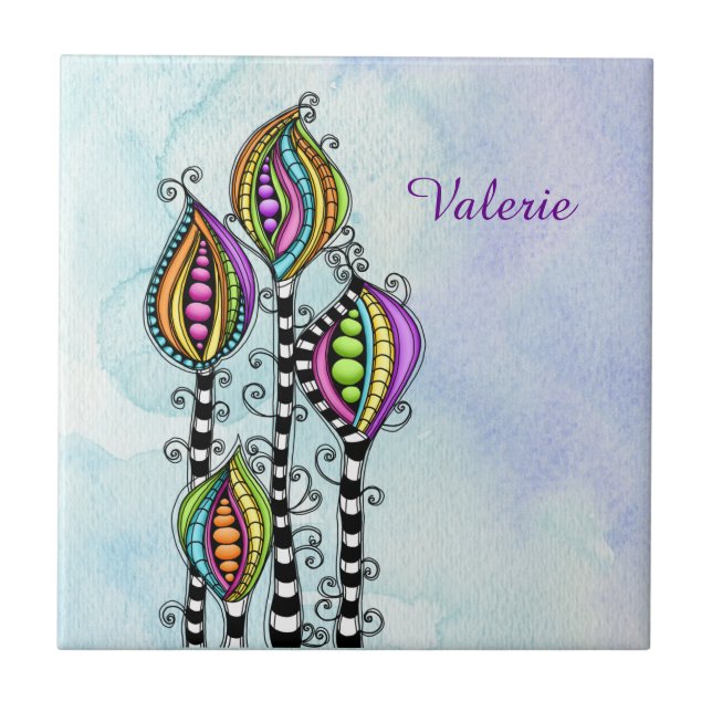 Whimsical Abstract Flowers Ceramic Tile (Front)