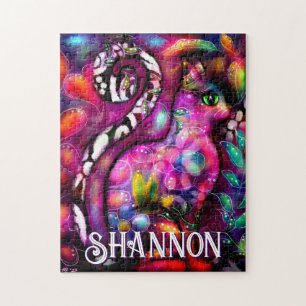 Whimsical Abstract Kitty Cat Floral Personalised Jigsaw Puzzle