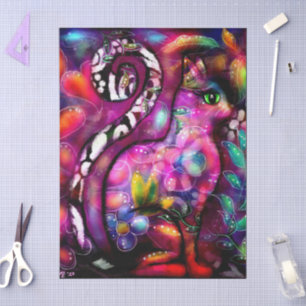 Whimsical Abstract Kitty Cat Floral Red Decoupage Tissue Paper
