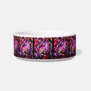 Whimsical Abstract Kitty Cat Floral Red Green Pink Bowl