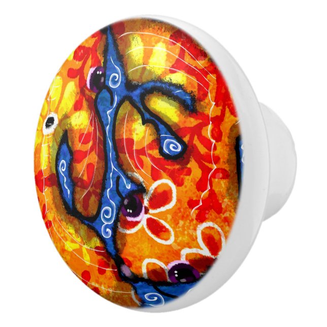 Whimsical Abstract Koi Fish Blue Orange Floral Ceramic Knob (Right)