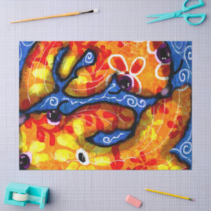 Whimsical Abstract Koi Goldfish Orange Blue Floral Tissue Paper