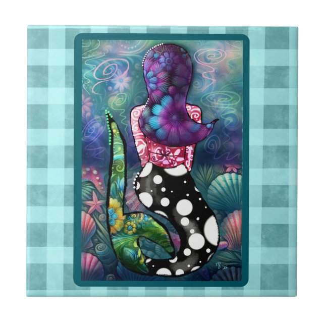 Whimsical Abstract Mermaid Nautical Teal Seashells Ceramic Tile (Front)