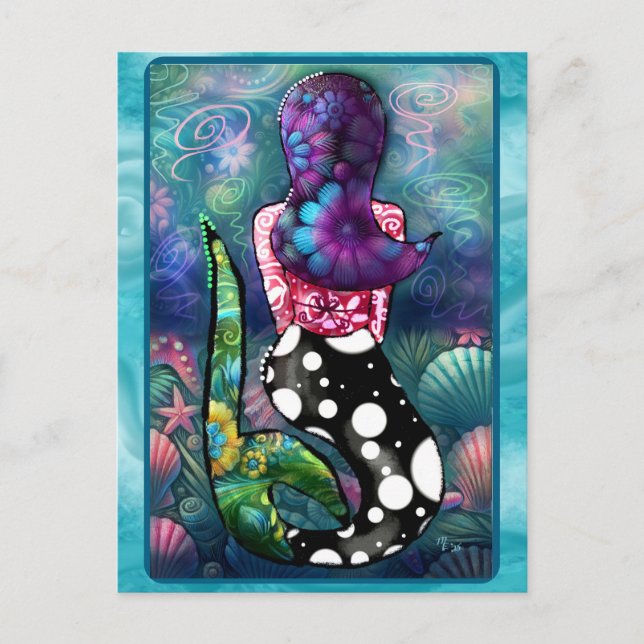 Whimsical Abstract Mermaid Nautical Teal Seashells Postcard (Front)