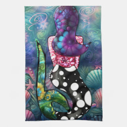 Whimsical Abstract Mermaid Nautical Teal Seashells Tea Towel