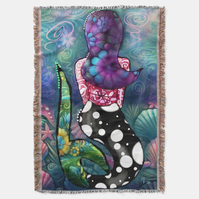 Whimsical Abstract Mermaid Nautical Teal Seashells Throw Blanket (Front Vertical)
