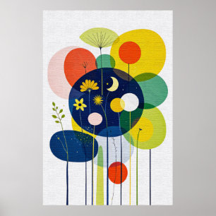 Whimsical Abstract Night Garden Mid Century Boho Poster