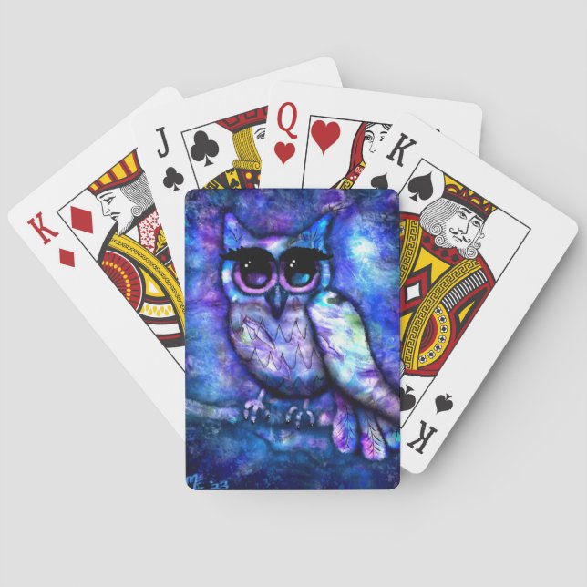 Whimsical Abstract Owl Big-Eyed Blue Purple Playing Cards (Back)