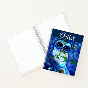Whimsical Abstract Owl Blue Floral Sketchbook Notebook