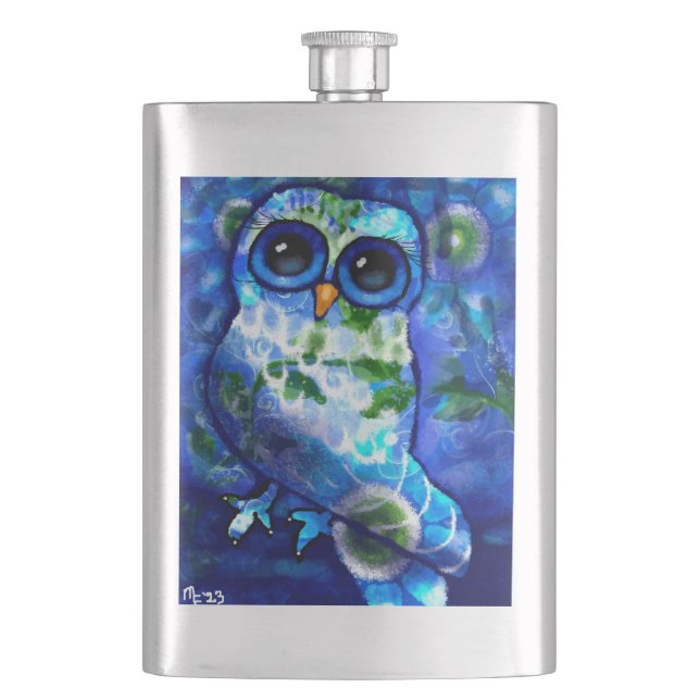 Whimsical Abstract Owl Blue Floral Teal Blue Green Hip Flask (Front)