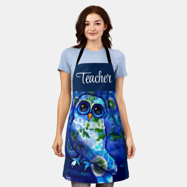Whimsical Abstract Owl Blue Green Floral Apron (Worn)