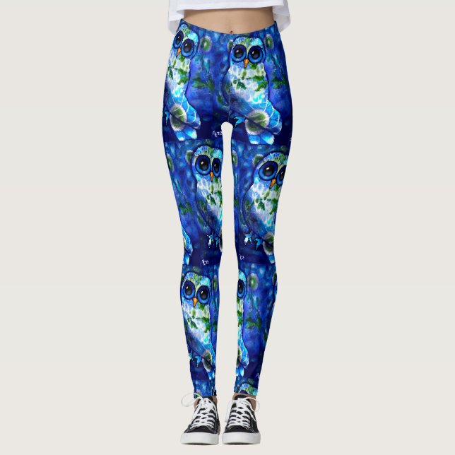 Whimsical Abstract Owl Blue Green Floral Leggings (Front)