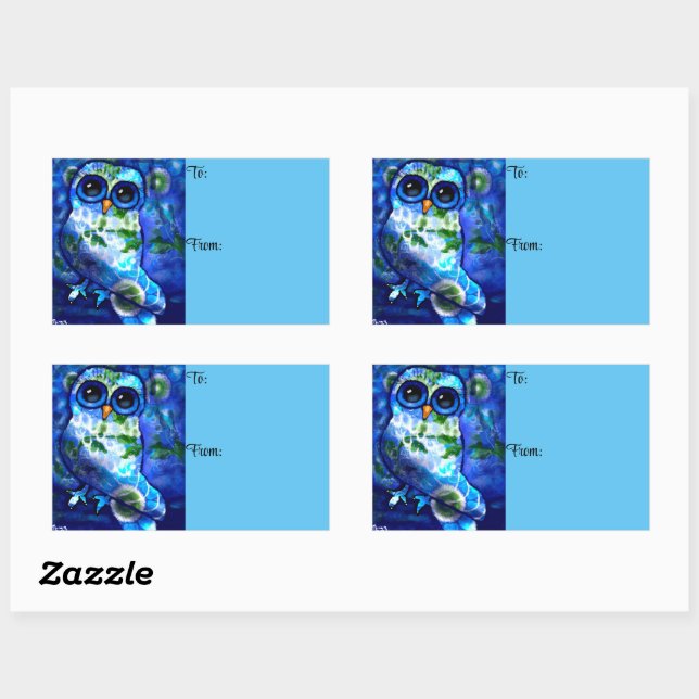 Whimsical Abstract Owl Blue Green Floral Rectangular Sticker (Sheet)