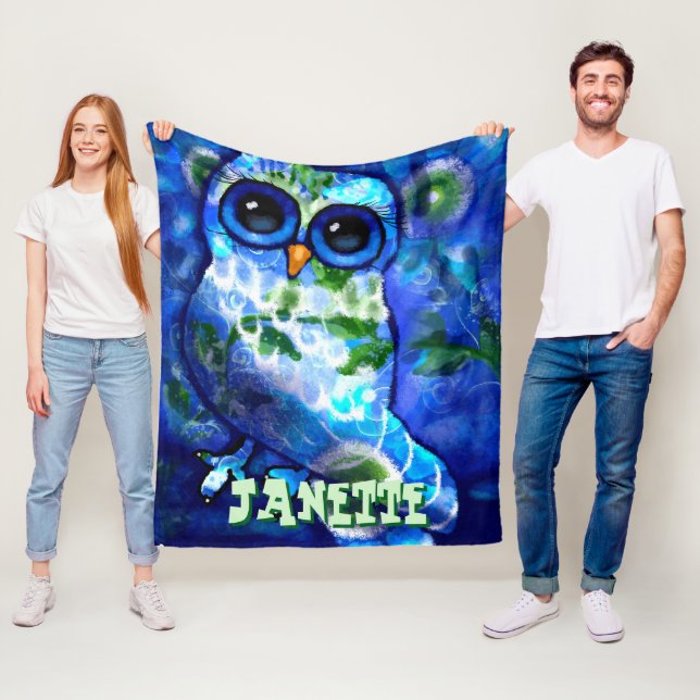 Whimsical Abstract Owl Blue Green Personalised Fleece Blanket (In Situ)