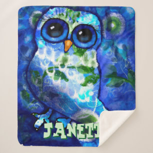 Whimsical Abstract Owl Blue Green Personalised Sherpa Blanket