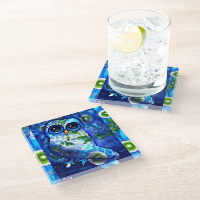 Whimsical Abstract Owl Floral Flower Blue Green Glass Coaster (Angled)