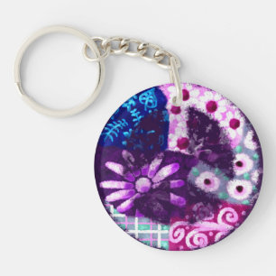 Whimsical Abstract Peace Sign Floral Purple Pink Key Ring