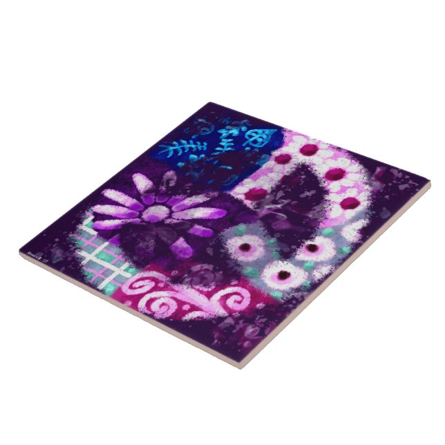 Whimsical Abstract Peace Sign Floral Purple Poster Ceramic Tile (Side)