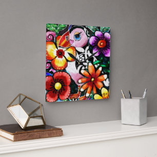 Whimsical Abstract Puffin Bird In Flowers Square Wall Clock