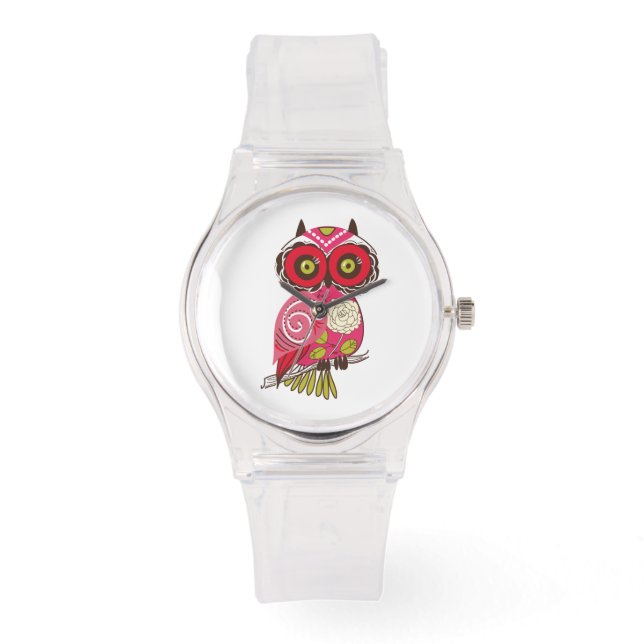 Whimsical Abstract Retro Pattern Deep Pink Owl Watch (Front)