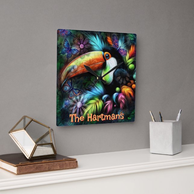 Whimsical Abstract Toucan Bird Personalised Square Wall Clock (Office)
