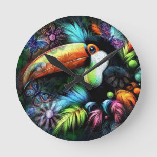 Whimsical Abstract Toucan Bird Toucans Teal Orange Round Clock