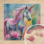 Whimsical Abstract Unicorn and Succulents Jigsaw Puzzle<br><div class="desc">A modern abstract painting featuring a whimsical unicorn surrounded by pastel-coloured cacti and succulents. The unicorn, painted in flowing lines and vibrant colours, stands out against the soft tones of blush pinks, mint greens, and pale blues in the desert plants. This playful, imaginative composition combines the mystical aura of the...</div>