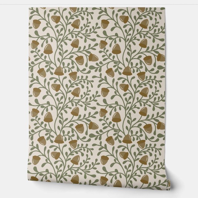 Whimsical Acorns and Leaves in Green and Brown on  Wallpaper (Unrolling)