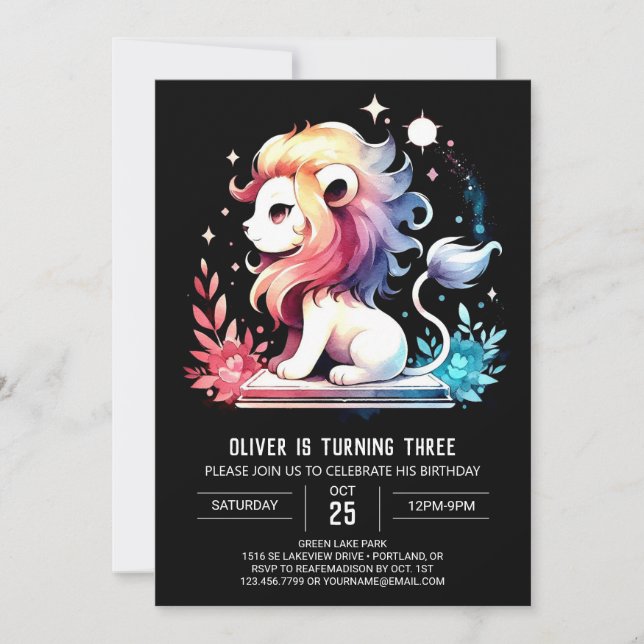 Whimsical Adorable Lion Birthday Invitation (Front)