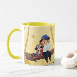 Whimsical Adventure – Boy and Raccoon in the Fores Mug