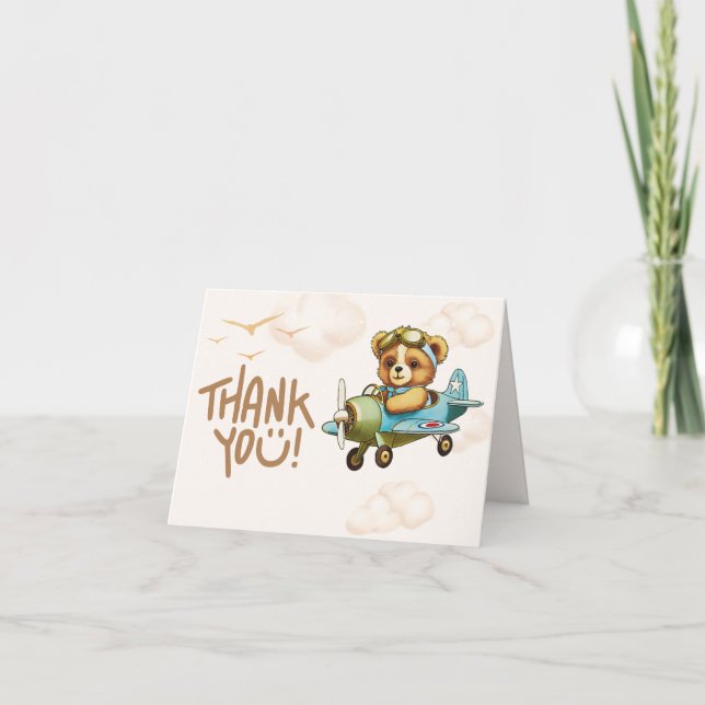 Whimsical Aeroplane Teddy Bear Baby shower Thank You Card (Front)