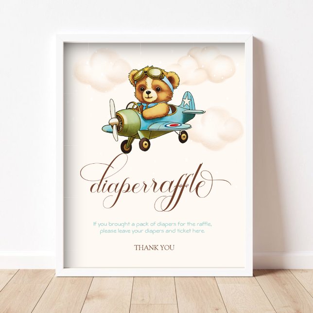 Whimsical Aeroplane Teddy bear Diaper Raffle Poster (Whimsical Airplane Teddy bear Diaper Raffle Poster)