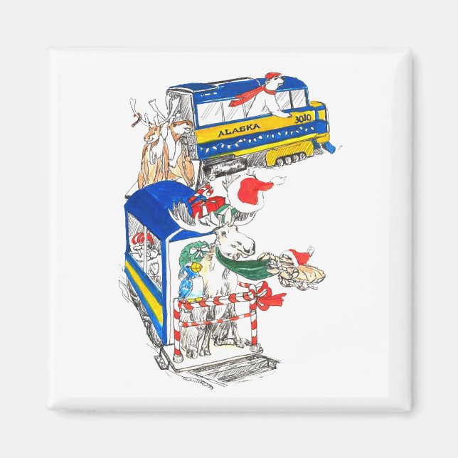 Whimsical Alaska Christmas Wildlife Train designed Magnet (Front)