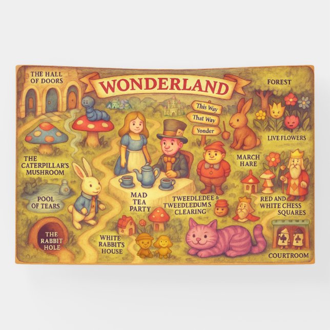 Whimsical Alice Adventures in Wonderland Map Banner (Horizontal)
