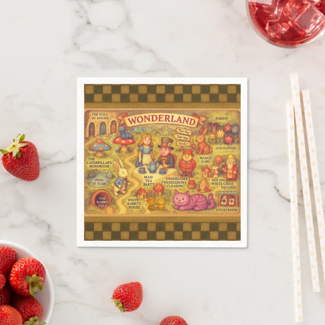 Whimsical Alice Adventures in Wonderland Map Napkin (Insitu)