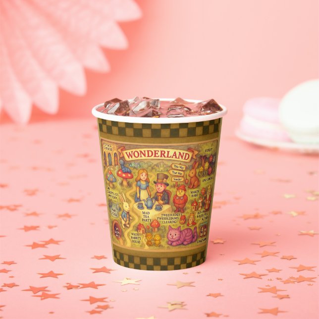 Whimsical Alice Adventures in Wonderland Map Paper Cups (Insitu)