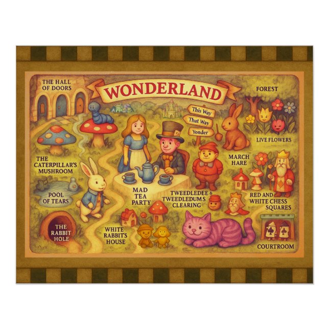 Whimsical Alice Adventures in Wonderland Map Poster (Front)