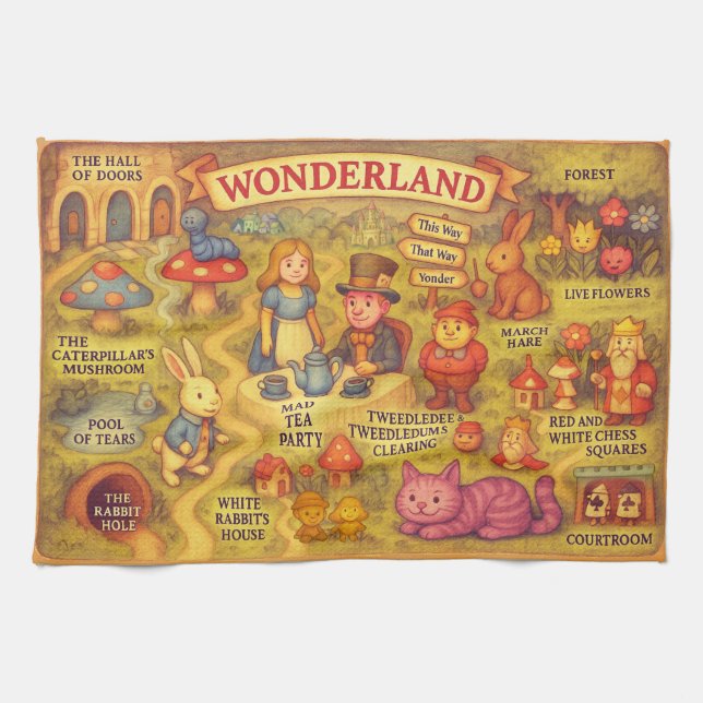 Whimsical Alice Adventures in Wonderland Map Tea Towel (Horizontal)