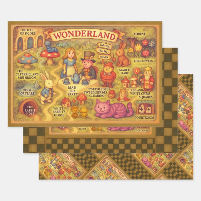 Whimsical Alice Adventures in Wonderland Map Wrapping Paper Sheet (Set)