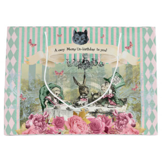 Whimsical Alice blue striped floral unbirthday Large Gift Bag