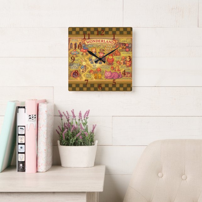 Whimsical Alice in Wonderland Map Square Wall Clock (Reading Room)