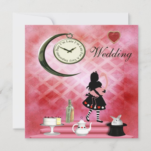Whimsical Alice & Pink Flamingo Wedding Invitation (Front)