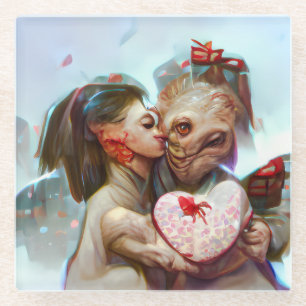 Whimsical Alien Romance Glass Coaster