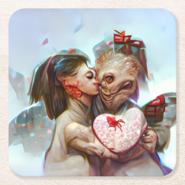Whimsical Alien Romance Square Paper Coaster (Front)