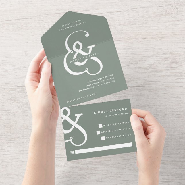 Whimsical Ampersand | Sage Green Wedding All In One Invitation (Tearaway)