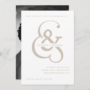 Whimsical Ampersand   White and Beige Photo Back Save The Date